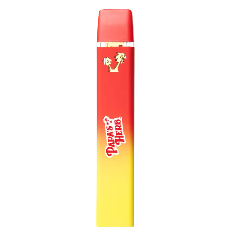 Straight-on studio shot of a red-to-yellow gradient Fruity Pbblz Liquid Diamond Disposable Vape with gold accents and white "Papa's Herb" logo.