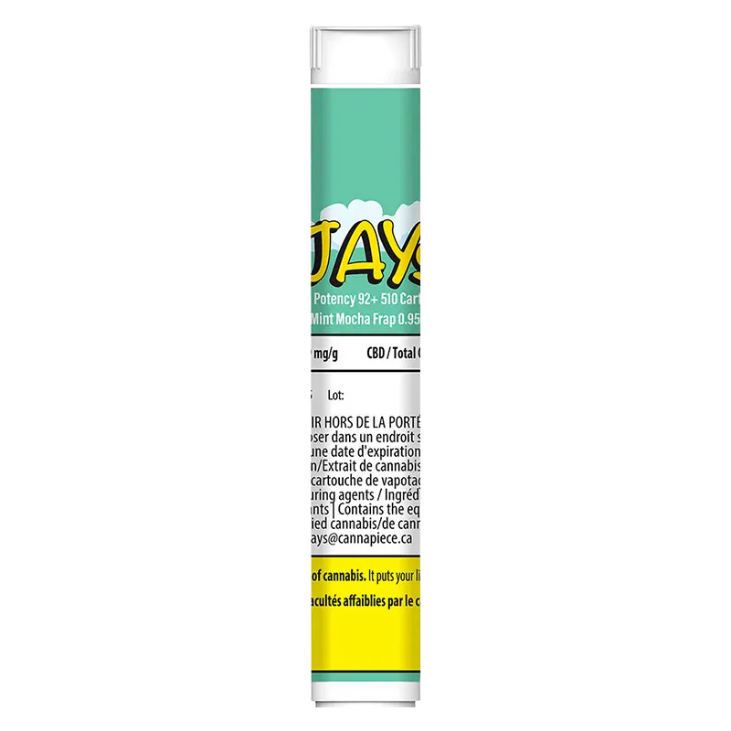 Straight-on view of the High Potency 95+ Mint Mocha Frap Vape Cartridge showing its tall cylindrical cartridge with a teal label, bold yellow logo, and small black warning text.