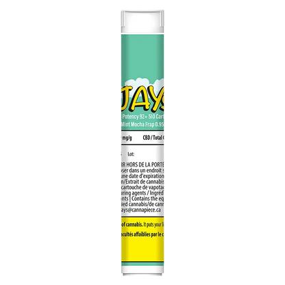 Straight-on view of the High Potency 95+ Mint Mocha Frap Vape Cartridge showing its tall cylindrical cartridge with a teal label, bold yellow logo, and small black warning text.