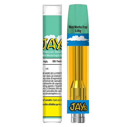 Front-facing close-up of the High Potency 95+ Mint Mocha Frap Vape Cartridge showing a teal and cloud-patterned mouthpiece and clear gold-filled cartridge body.