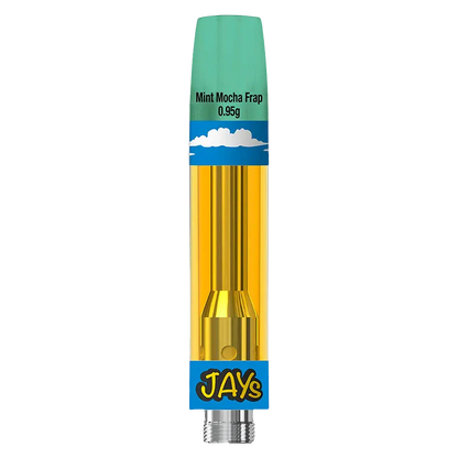 Straight-on view of the High Potency 95+ Mint Mocha Frap Vape Cartridge showing a gold cartridge chamber, teal mouthpiece label, and blue JAYs logo at the base