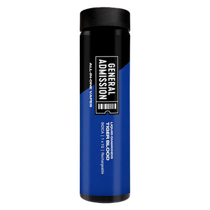 Center-aligned studio shot of a blue-and-black tube labeled "General Admission" showing the Tiger Blood Liquid Diamond Disposable Vape upright against a white background