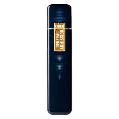 Vertical front view of a dark blue Tiger Blood Liquid Diamond Disposable Vape with a gold "GENERAL ADMISSION" ticket label near the top.