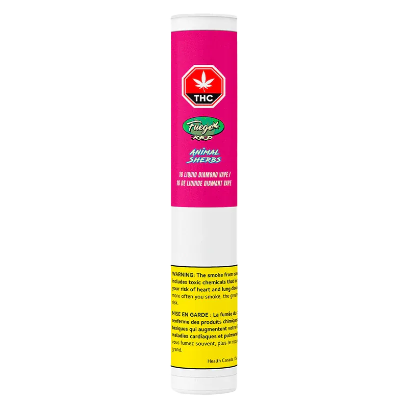 Tall front-facing tube packaging of Animal Sherbs Liquid Diamond Vape Cartridge with a pink label, THC symbol at top and a yellow warning block near the base
