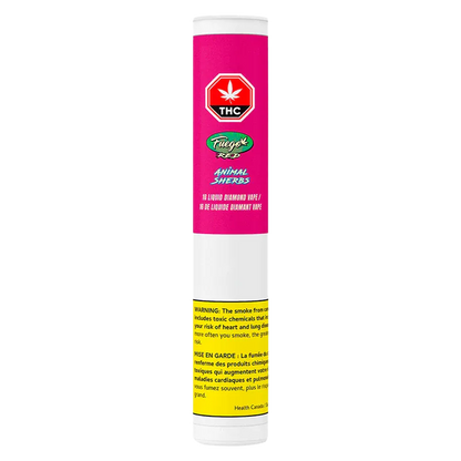 Tall front-facing tube packaging of Animal Sherbs Liquid Diamond Vape Cartridge with a pink label, THC symbol at top and a yellow warning block near the base