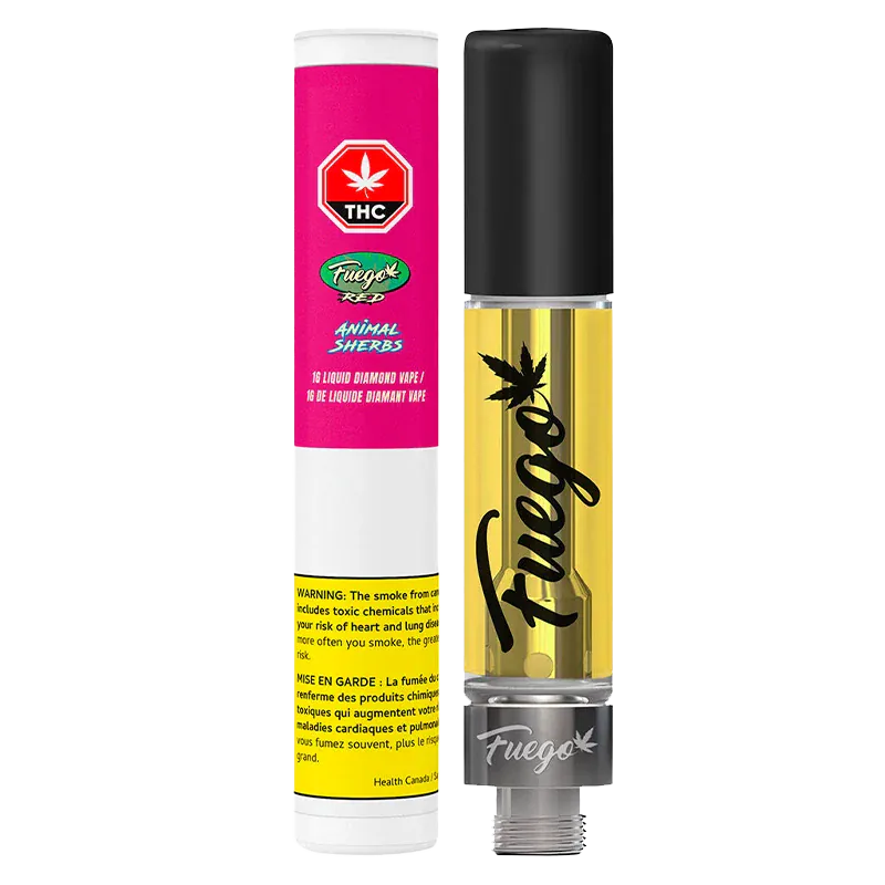 Straight-on product shot of the Animal Sherbs Liquid Diamond Vape Cartridge showing the clear 1 g cartridge filled with golden oil and black cap beside its pink-and-white branded tube.