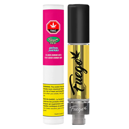 Straight-on product shot of the Animal Sherbs Liquid Diamond Vape Cartridge showing the clear 1 g cartridge filled with golden oil and black cap beside its pink-and-white branded tube.