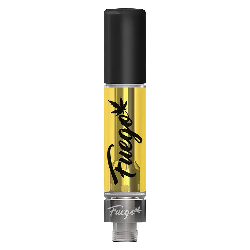 Center-aligned studio shot of an upright Animal Sherbs Liquid Diamond Vape Cartridge showing golden oil, black cap, and Fuego script on the tank.