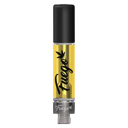 Center-aligned studio shot of an upright Animal Sherbs Liquid Diamond Vape Cartridge showing golden oil, black cap, and Fuego script on the tank.