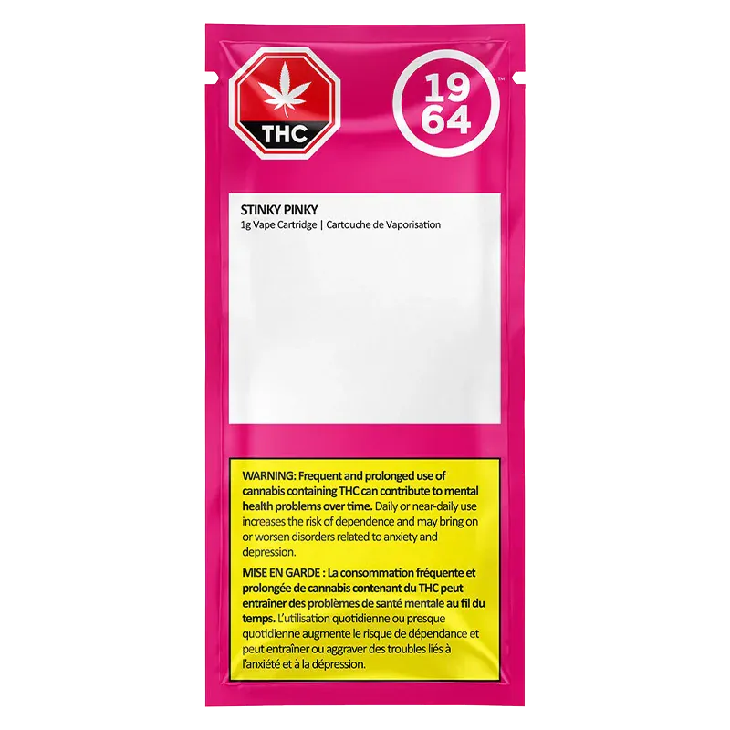 Front-facing, bright pink pouch labeled Stinky Pinky FSE Cured Resin Vape Cartridge with white label area and yellow THC warning panel.