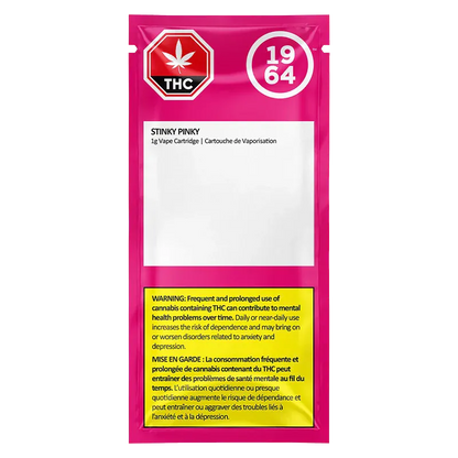Front-facing, bright pink pouch labeled Stinky Pinky FSE Cured Resin Vape Cartridge with white label area and yellow THC warning panel.