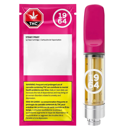 Right-side view of the Stinky Pinky FSE Cured Resin Vape Cartridge showing a pink mouthpiece and clear cartridge with visible golden oil and white "1964" logo.