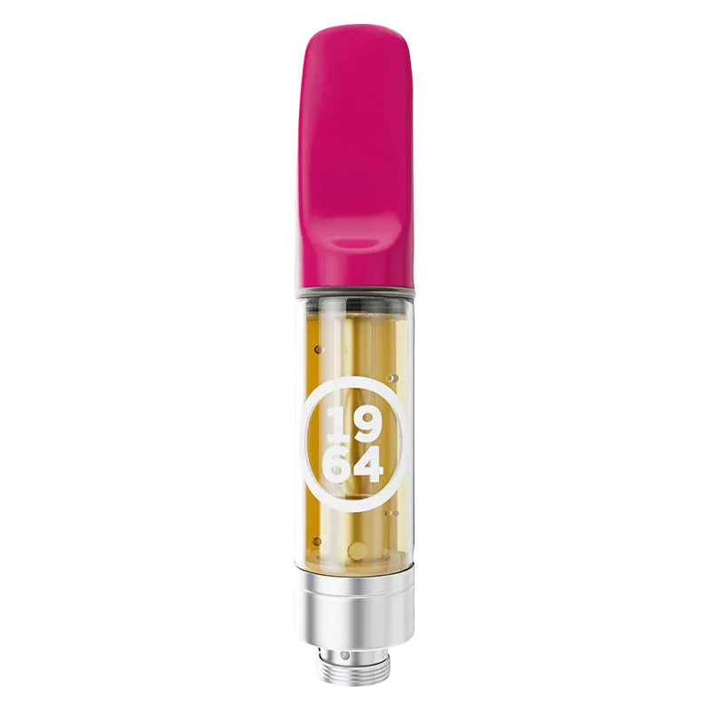 Straight-on view of a Stinky Pinky FSE Cured Resin Vape Cartridge with a hot pink mouthpiece and visible golden oil in the clear chamber.