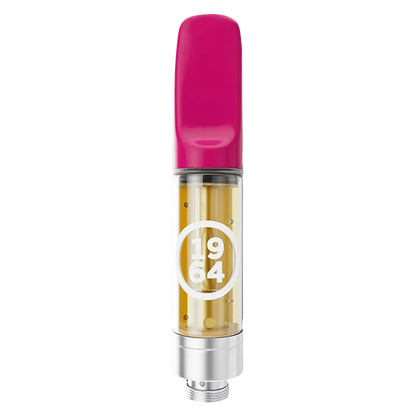 Straight-on view of a Stinky Pinky FSE Cured Resin Vape Cartridge with a hot pink mouthpiece and visible golden oil in the clear chamber.