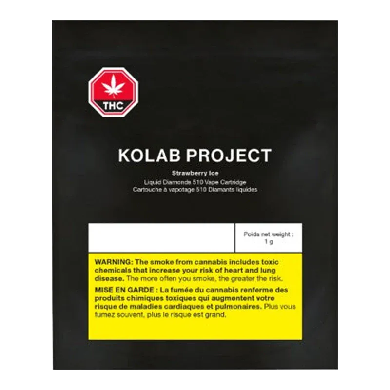 Front-facing black packaging with bold white text reading KOLAB PROJECT and a smaller "Strawberry Ice" label for the Strawberry Ice Diamonds Vape Cartridge, with a red THC octagon and a yellow bilingual health warning panel.