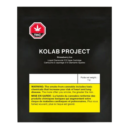 Front-facing black packaging with bold white text reading KOLAB PROJECT and a smaller "Strawberry Ice" label for the Strawberry Ice Diamonds Vape Cartridge, with a red THC octagon and a yellow bilingual health warning panel.