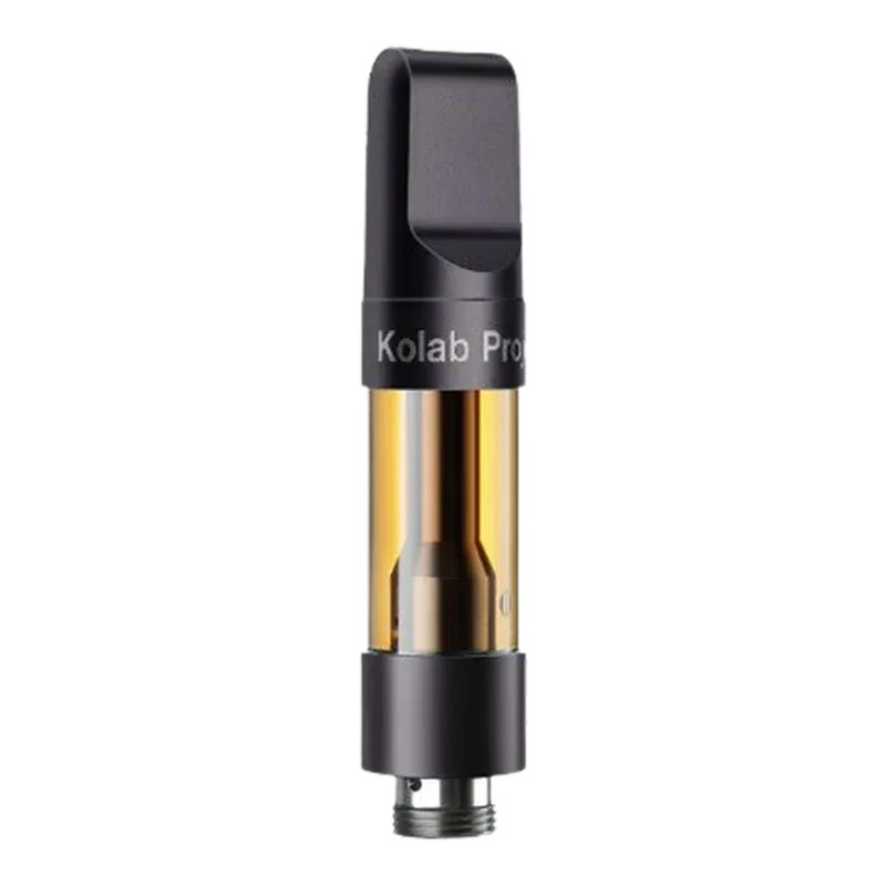 Straight-on product shot of a Strawberry Ice Diamonds Vape Cartridge showing a black mouthpiece and gold oil chamber.