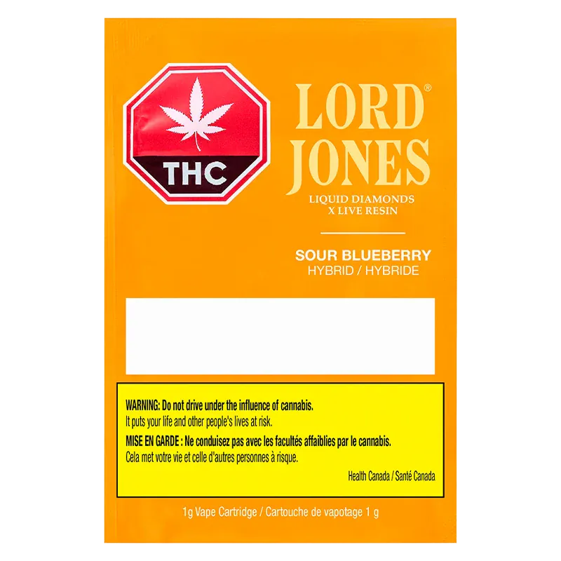 Close-up of the orange packaging for Sour Blueberry Liquid Diamonds Vape Cartridge by Lord Jones, front-facing with a red THC emblem.