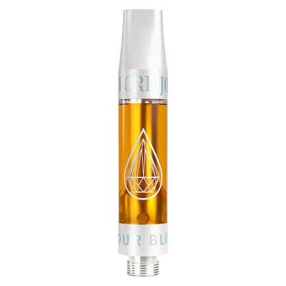 Straight-on product shot of a Sour Blueberry Liquid Diamonds Vape Cartridge showing amber oil in a clear cylinder with a silver mouthpiece and geometric droplet logo.