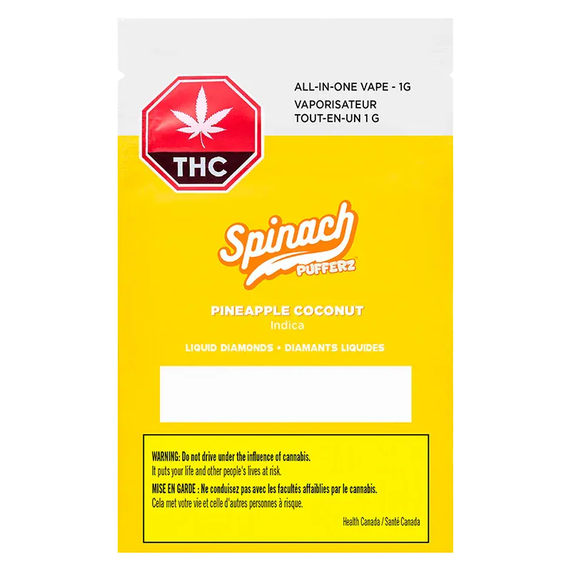 Front-facing image of the yellow and white Pufferz Pineapple Coconut Liquid Diamonds Disposable Vape packaging with a red THC emblem and bold "Spinach" logo.