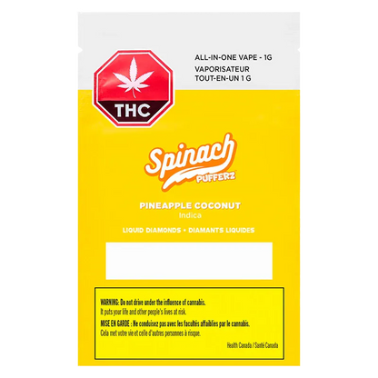 Front-facing image of the yellow and white Pufferz Pineapple Coconut Liquid Diamonds Disposable Vape packaging with a red THC emblem and bold "Spinach" logo.