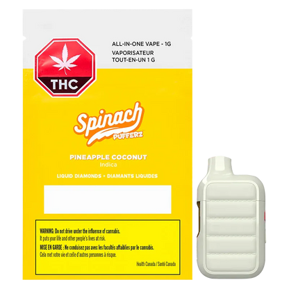 Square front view of the bright yellow Pufferz Pineapple Coconut Liquid Diamonds Disposable Vape packaging with the white 1 g device shown at right.