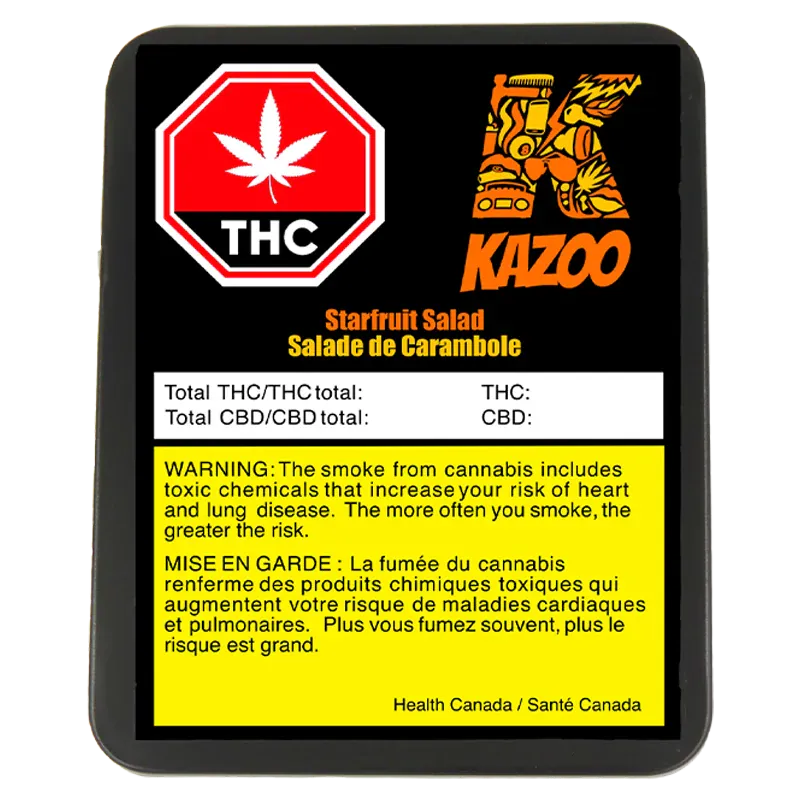 Top-down view of a black-packaged Starfruit Salad Disposable Vape with a red THC stop-sign logo, orange Kazoo branding, and a yellow bilingual warning panel.