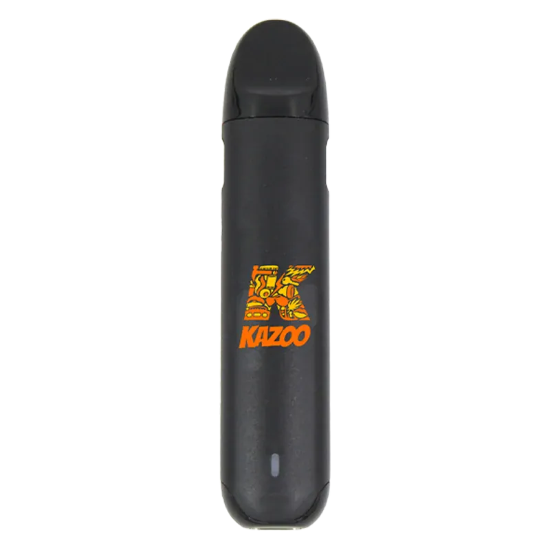 Top-down view of a matte black Starfruit Salad Disposable Vape with a bright orange "KAZOO" logo centered on the body.