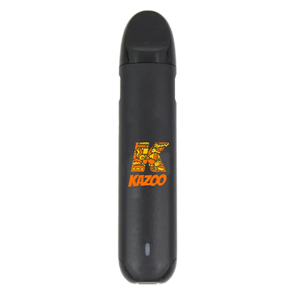 Top-down view of a matte black Starfruit Salad Disposable Vape with a bright orange "KAZOO" logo centered on the body.