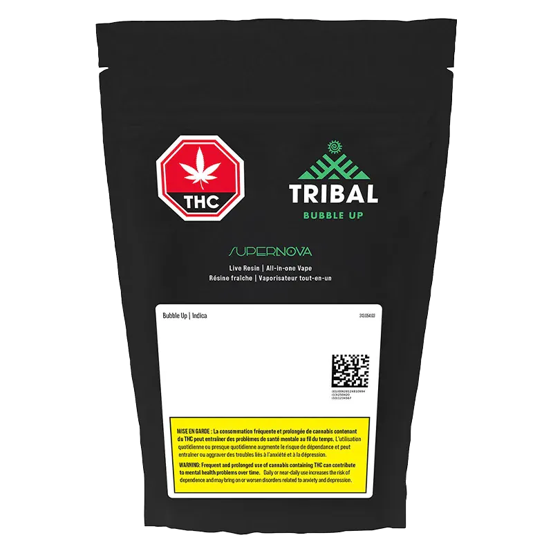 Front-facing image of a black pouch labeled Tribal Bubble Up Supernova Live Resin Disposable Vape with a red THC symbol.
