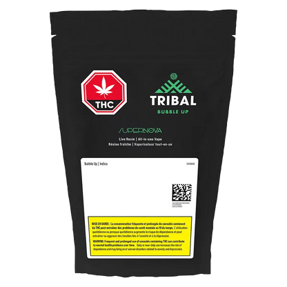 Front-facing image of a black pouch labeled Tribal Bubble Up Supernova Live Resin Disposable Vape with a red THC symbol.