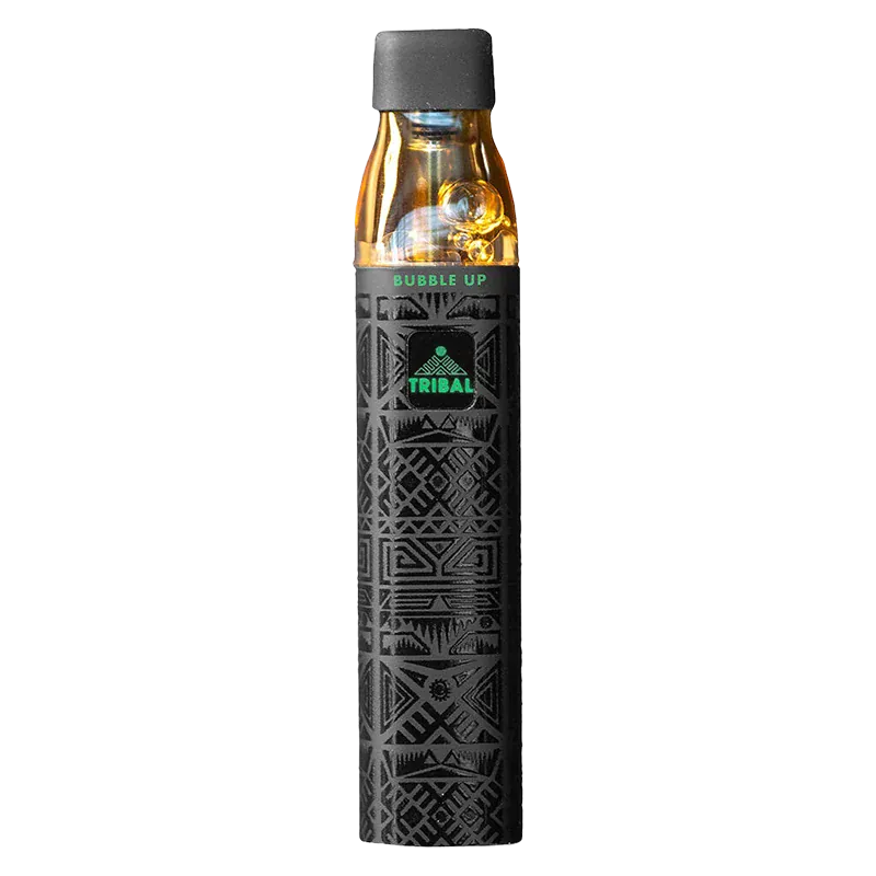 Straight-on studio shot of the Bubble Up Supernova Live Resin Disposable Vape showing its black patterned body and amber cartridge under a dark gray mouthpiece.