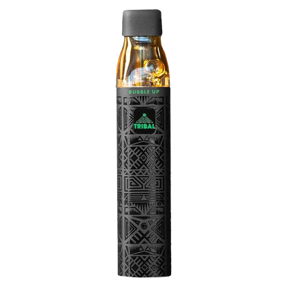 Straight-on studio shot of the Bubble Up Supernova Live Resin Disposable Vape showing its black patterned body and amber cartridge under a dark gray mouthpiece.