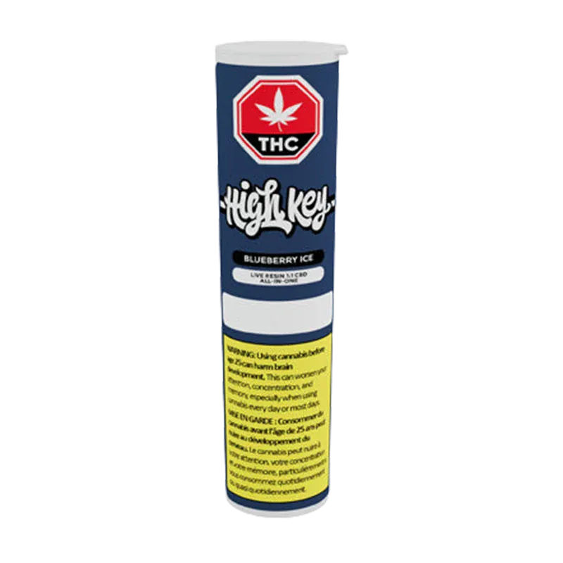 Tall front-facing shot of the Blueberry Ice Live Resin 1:1 CBD All-In-One Vape tube labeled "High Key" against a white background.