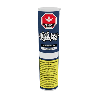 Tall front-facing shot of the Blueberry Ice Live Resin 1:1 CBD All-In-One Vape tube labeled "High Key" against a white background.
