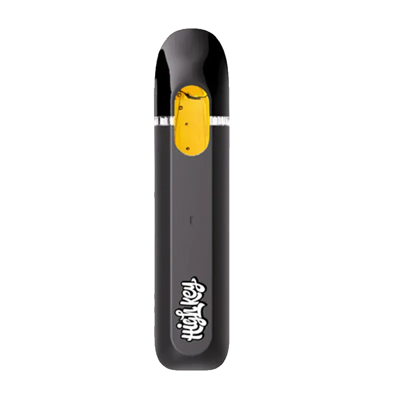 Top-down view of a black Blueberry Ice Live Resin 1:1 CBD All-In-One Vape with a visible amber cartridge window and white logo near the base