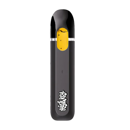 Top-down view of a black Blueberry Ice Live Resin 1:1 CBD All-In-One Vape with a visible amber cartridge window and white logo near the base