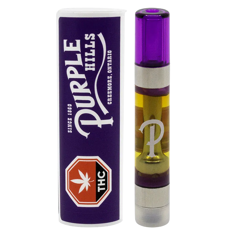 Close-up, front-facing photo of the 95+ Creemore Royale Liquid Diamonds Vape Cartridge showing a purple-topped clear cartridge filled with amber oil beside its purple "Purple Hills" labeled tube.