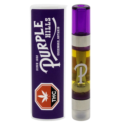 Close-up, front-facing photo of the 95+ Creemore Royale Liquid Diamonds Vape Cartridge showing a purple-topped clear cartridge filled with amber oil beside its purple "Purple Hills" labeled tube.