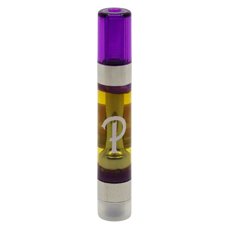 Vertical front view of a purple-topped 95+ Creemore Royale Liquid Diamonds Vape Cartridge showing amber oil and a white "P" logo against a white background