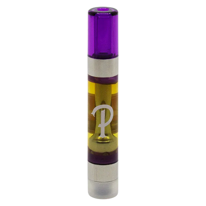 Vertical front view of a purple-topped 95+ Creemore Royale Liquid Diamonds Vape Cartridge showing amber oil and a white "P" logo against a white background