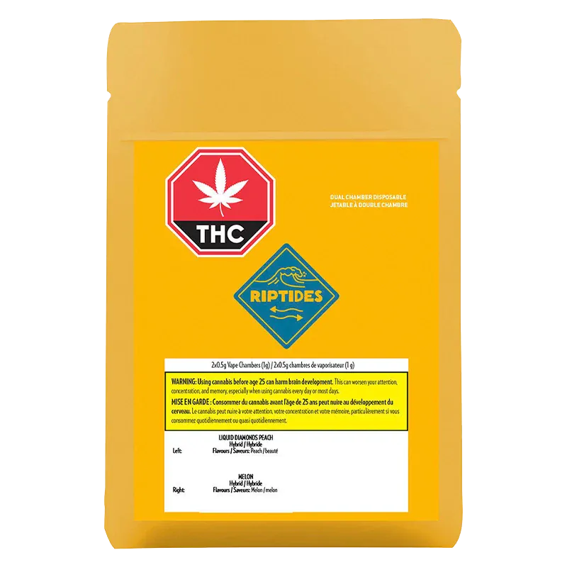Front-facing image of the Peach x Melon Dual Chamber Liquid Diamonds Disposable Vape pouch with yellow Riptides branding and THC label.