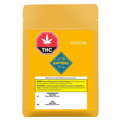 Front-facing image of the Peach x Melon Dual Chamber Liquid Diamonds Disposable Vape pouch with yellow Riptides branding and THC label.