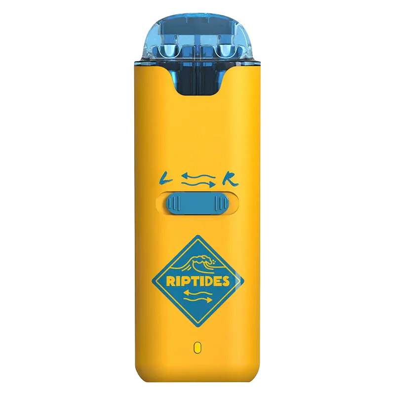 Front-facing view of the Peach x Melon Dual Chamber Liquid Diamonds Disposable Vape showing a yellow body with blue mouthpiece, slider, and Riptides logo.