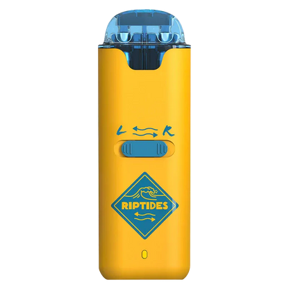Front-facing view of the Peach x Melon Dual Chamber Liquid Diamonds Disposable Vape showing a yellow body with blue mouthpiece, slider, and Riptides logo.