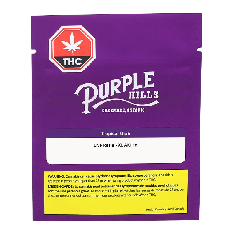 Front-facing image of the purple packaging for Tropical Glue XL Disposable Vape by Purple Hills, showing product label and THC warning.