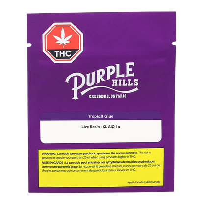 Front-facing image of the purple packaging for Tropical Glue XL Disposable Vape by Purple Hills, showing product label and THC warning.