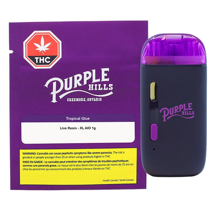 Front-facing shot of the Tropical Glue XL Disposable Vape next to purple branded "Purple Hills" packaging, both set on a white background.