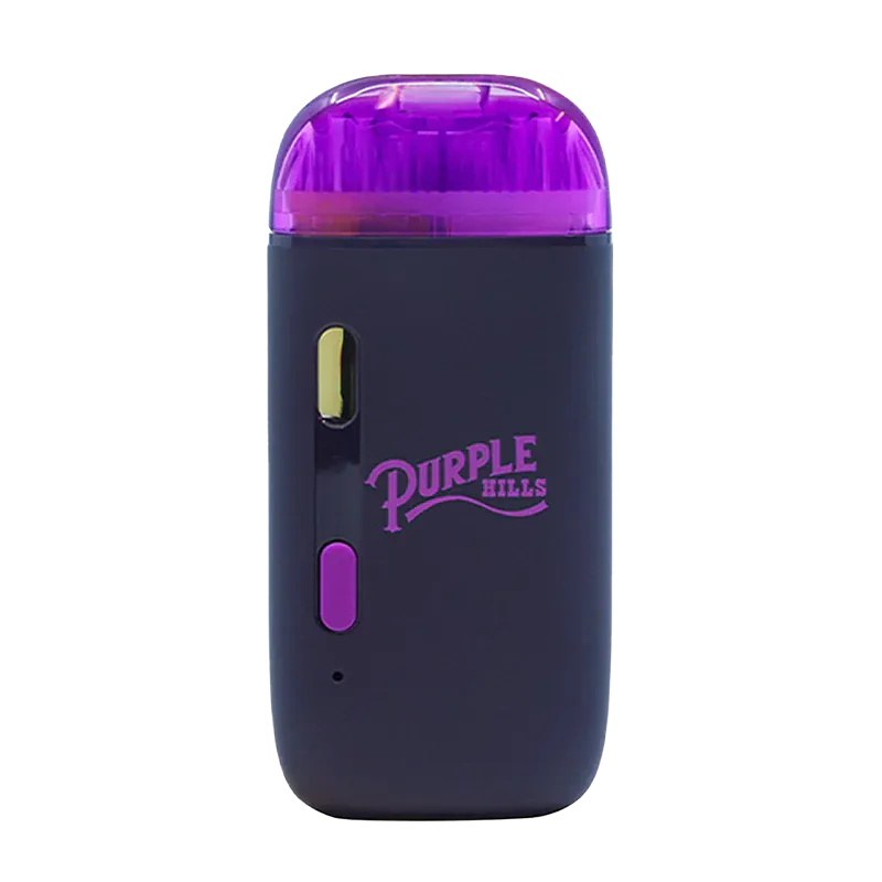 Front-facing shot of the Tropical Glue XL Disposable Vape with a matte black body, purple translucent top, and "Purple Hills" logo visible.