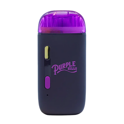 Front-facing shot of the Tropical Glue XL Disposable Vape with a matte black body, purple translucent top, and "Purple Hills" logo visible.